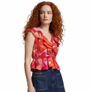 Sofia Jeans by Sofia Vergara Smocked Frame Ruffle Top Pink Orange Floral XS